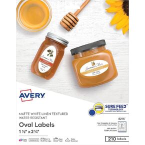 Avery Printable Blank Oval Labels, 1-1/8" x 2-1/4", Textured Matte White, 210 Customizable Labels (8216)