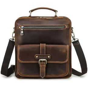 Contacts Crazy Horse Leather Messenger Bag for Men 12.9" iPad Bag with Handle Crossbody Shoulder Bag Vintage Briefcase Work Travel Handbag Satchel