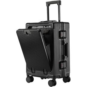 Gets Travel Carry On Luggage with Cup Holder and Usb Port, Aluminum Frame Suitcase, 22x14x9 Airline Approved Carry On Suitcase, Front Compartment, TSA Lock, Spinner Wheels (Black, 24 inch)
