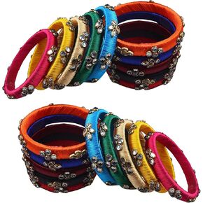 CRAFT LOVE Silk Thread Kundan Bangles, Handmade Kada Silk Thread Bangles for Women - 20 Piece Bangle Set