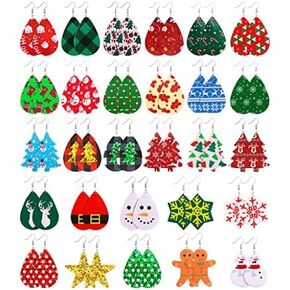 28 Pairs Christmas Leather Earrings for Women Faux Leather Earrings Multipack Christmas Tree Snowflake Glitter Star Teardrop Holiday Earrings