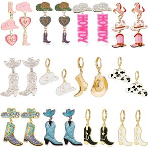 12 Pairs Beaded Cowboy Earrings for Women Pendant Rhinestone Enamel Boot Hat Drop Dangle Earrings