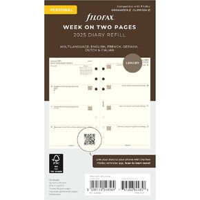 Filofax Calendar Diary Refill, Personal/Compact Size, Week-to-View, Cotton Cream Paper, Unruled, Multilingual: Five Languages, 2025 (C68413-25)