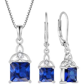 Celtic Trinity Knot Jewelry Set 925 Sterling Silver Sapphire September Birthstone Necklace Earrings Irish Good Luck Jewelry Gifts for Women