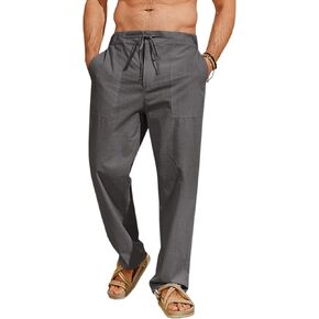 Runcati Mens Cotton Linen Pants Casual Elastic Waist Drawstring Lightweight Loose Fit Summer Beach Yoga Trousers