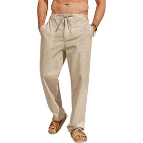 Runcati Mens Cotton Linen Pants Casual Elastic Waist Drawstring Lightweight Loose Fit Summer Beach Yoga Trousers