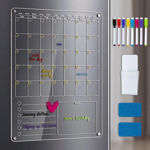 Acrylic Magnetic Calendar for Refrigerator 12"x16", 3 in 1 Vertical Dry Erase Calendar for Fridge, Clear Magnetic Monthly Calendar to Do Shopping Chart List Board (Monthly) in Saudi Arabia