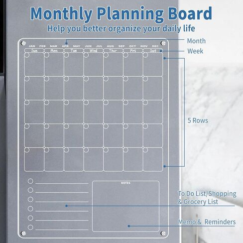 Acrylic Magnetic Calendar for Refrigerator 12"x16", 3 in 1 Vertical Dry Erase Calendar for Fridge, Clear Magnetic Monthly Calendar to Do Shopping Chart List Board (Monthly) in Saudi Arabia