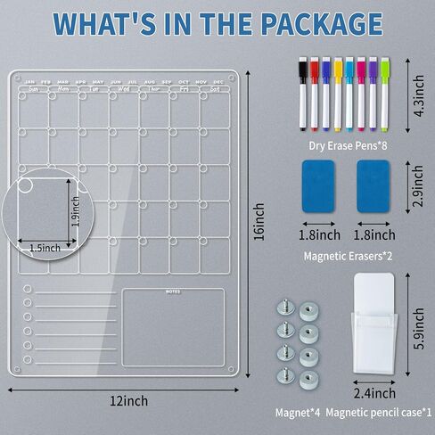 Acrylic Magnetic Calendar for Refrigerator 12"x16", 3 in 1 Vertical Dry Erase Calendar for Fridge, Clear Magnetic Monthly Calendar to Do Shopping Chart List Board (Monthly) in Saudi Arabia