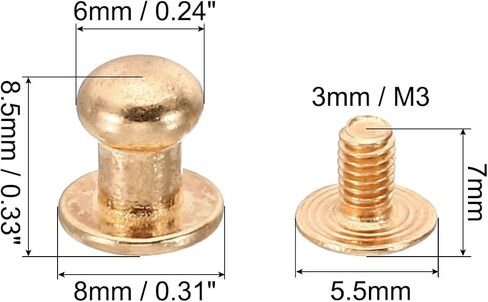 PATIKIL 4mm Leather Rivets, 50 Sets Round Button Head Studs Metal Screw Studs Posts Chicago Screws Rivet for Clothing Leather Crafts, Gold Tone in Saudi Arabia
