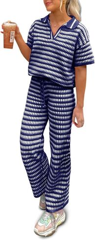 Imily Bela Womens 2 Piece Outfits Striped Short Sleeve Sweater Tops Knit Sets Wide Leg Pants Lounge Set in Saudi Arabia