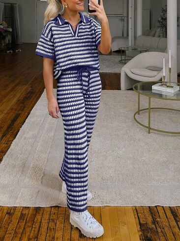 Imily Bela Womens 2 Piece Outfits Striped Short Sleeve Sweater Tops Knit Sets Wide Leg Pants Lounge Set in Saudi Arabia