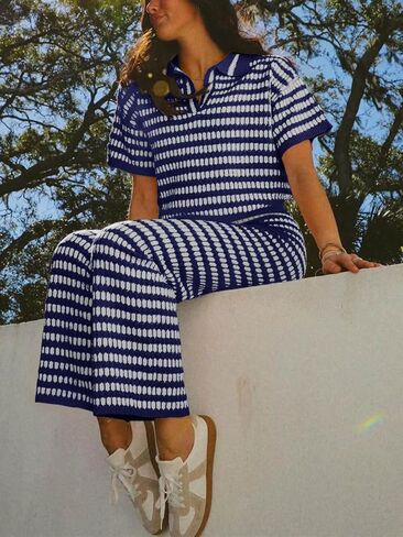 Imily Bela Womens 2 Piece Outfits Striped Short Sleeve Sweater Tops Knit Sets Wide Leg Pants Lounge Set in Saudi Arabia