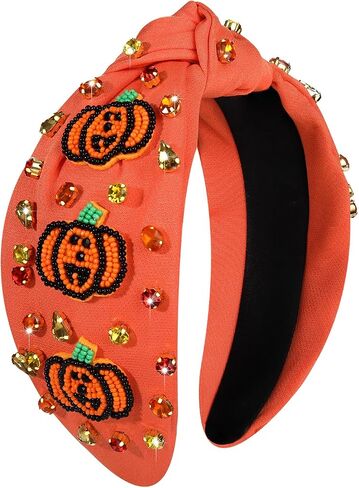 boderier Halloween Headbands for Women Beaded Pumpkin Knotted Headband Pearl Crystal Embellished Wide Hairband Halloween Costume Hair Accessories (Pumpkin) in Kuwait
