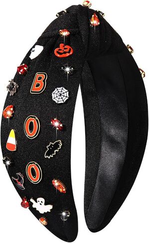 boderier Halloween Headbands for Women Beaded Pumpkin Knotted Headband Pearl Crystal Embellished Wide Hairband Halloween Costume Hair Accessories (Pumpkin) in Kuwait