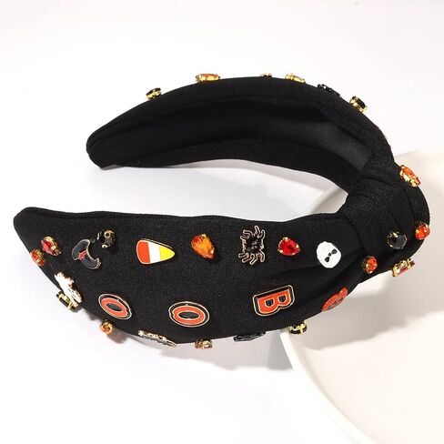 boderier Halloween Headbands for Women Beaded Pumpkin Knotted Headband Pearl Crystal Embellished Wide Hairband Halloween Costume Hair Accessories (Pumpkin) in Kuwait