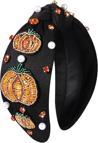 boderier Halloween Headbands for Women Beaded Pumpkin Knotted Headband Pearl Crystal Embellished Wide Hairband Halloween Costume Hair Accessories (Pumpkin) in Kuwait