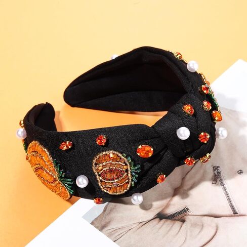 boderier Halloween Headbands for Women Beaded Pumpkin Knotted Headband Pearl Crystal Embellished Wide Hairband Halloween Costume Hair Accessories (Pumpkin) in Kuwait