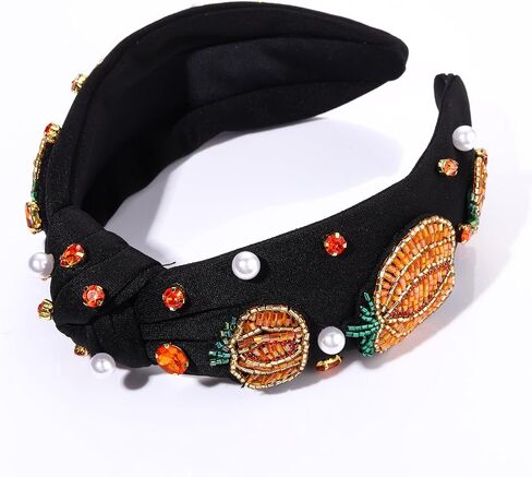 boderier Halloween Headbands for Women Beaded Pumpkin Knotted Headband Pearl Crystal Embellished Wide Hairband Halloween Costume Hair Accessories (Pumpkin) in Kuwait