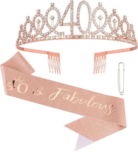 40th Birthday Sash & Rhinestone Crown Kit- Happy 40th Birthday Gifts Women 40th birthday decorations women (AB rose gold) in Kuwait