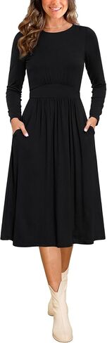 Annebouti Womens Fall Winter Midi Dress with Pockets Solid Flowy Wedding Guest A Line Long Sleeve Dress in Saudi Arabia