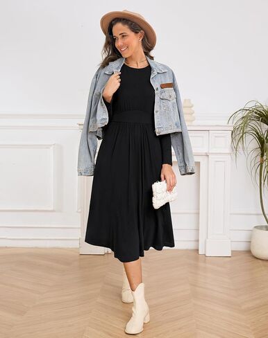 Annebouti Womens Fall Winter Midi Dress with Pockets Solid Flowy Wedding Guest A Line Long Sleeve Dress in Saudi Arabia