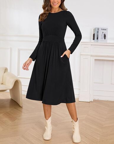 Annebouti Womens Fall Winter Midi Dress with Pockets Solid Flowy Wedding Guest A Line Long Sleeve Dress in Saudi Arabia