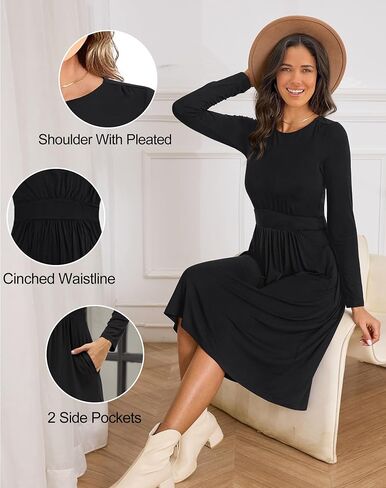 Annebouti Womens Fall Winter Midi Dress with Pockets Solid Flowy Wedding Guest A Line Long Sleeve Dress in Saudi Arabia