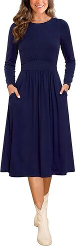Annebouti Womens Fall Winter Midi Dress with Pockets Solid Flowy Wedding Guest A Line Long Sleeve Dress in Saudi Arabia