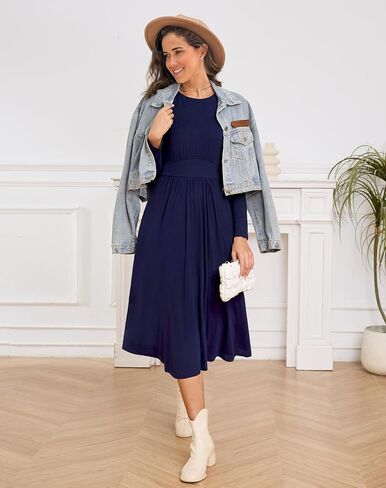 Annebouti Womens Fall Winter Midi Dress with Pockets Solid Flowy Wedding Guest A Line Long Sleeve Dress in Saudi Arabia