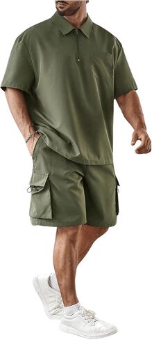Men's Plus Size Two Piece Collared Neck Half Zipper T Shirts and Drawstring Shorts Clothing Set in Kuwait