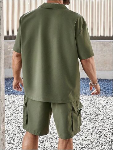 Men's Plus Size Two Piece Collared Neck Half Zipper T Shirts and Drawstring Shorts Clothing Set in Kuwait