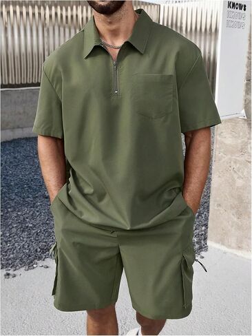 Men's Plus Size Two Piece Collared Neck Half Zipper T Shirts and Drawstring Shorts Clothing Set in Kuwait