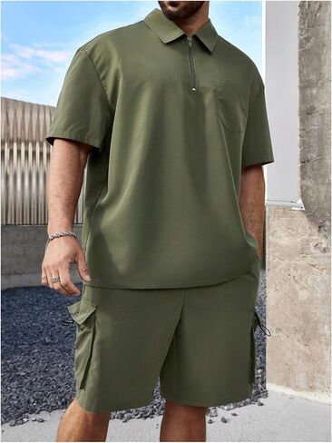 Men's Plus Size Two Piece Collared Neck Half Zipper T Shirts and Drawstring Shorts Clothing Set in Kuwait