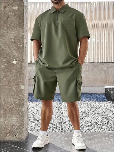 Men's Plus Size Two Piece Collared Neck Half Zipper T Shirts and Drawstring Shorts Clothing Set in Kuwait