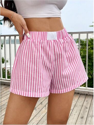 Floerns Women's Summer Striped Print Elastic Waist Straight Leg Workout Shorts in Saudi Arabia
