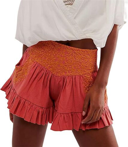 سراويل نسائية Y2k بحاشية مكشكشة سراويل كلاسيكية مطرزة شاهقة بأرجل واسعة سراويل جمالية للشاطئ مع جيوب in Kuwait