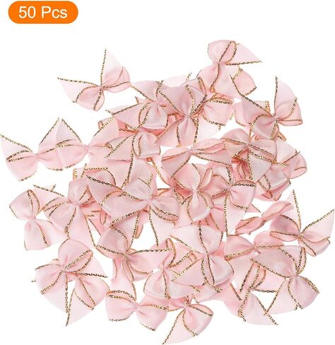MECCANIXITY 50Pcs Mini Gold Edge Ribbon Bow 1" Fabric Satin Ribbon Bows for Craft DIY Hair Bow Sewing Wedding Birthday Party Light Pink in Saudi Arabia