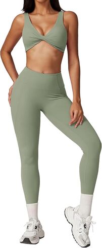 ABOCIW Workout Sets for Women Twist Front Cross Back Sports Bra High Waist Leggings 2 Piece Yoga Outfits in Saudi Arabia