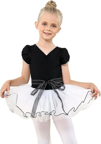 JiAmy الفتيات الباليه ثياب كشكش كم الاطفال فستان رقص التألق توتو تنورة طفل الباليه يوتار الزي الأسود 4-5 سنوات in Kuwait