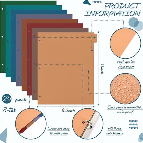 Honoson 24 Sets 8 Tab Binder Dividers for 3 Ring Binders 8.5 x 11 Inch Paper Multicolor Dividers with Plastic Film 3 Hole Punched Page Dividers Sturdy Binder Index Dividers for School (Multicolored) in Saudi Arabia