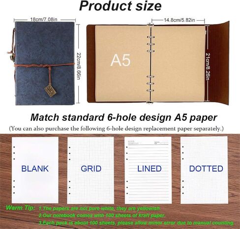 ThxMadam Vintage Notebook A5 Leather Cover Writing Notebook Loose Leaf Travel Journal Diary Refillable Sketchbook with 200 Kraft Pages/100 Sheets and 1 PVC Zipper Pocket Gift for Man Woman Student in Saudi Arabia
