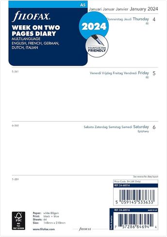 Filofax Calendar Diary Refill, A5 Size, Week-to-View with Notes Section, White Paper, Unruled, Multilingual: Five Languages, 2024 (C68516-24) in Saudi Arabia