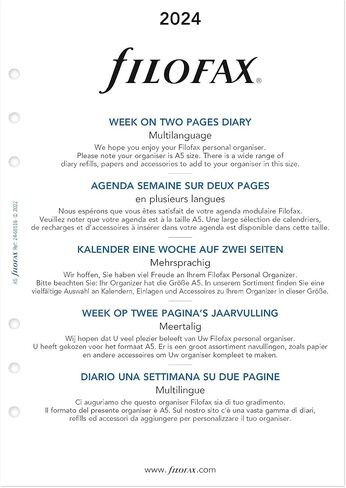 Filofax Calendar Diary Refill, A5 Size, Week-to-View with Notes Section, White Paper, Unruled, Multilingual: Five Languages, 2024 (C68516-24) in Saudi Arabia