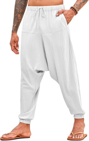 PASLTER Mens Harem Pants Baggy Casual Cotton Linen Boho Yoga Drop Crotch Hippie Trousers in Saudi Arabia