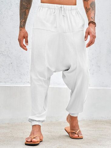PASLTER Mens Harem Pants Baggy Casual Cotton Linen Boho Yoga Drop Crotch Hippie Trousers in Saudi Arabia