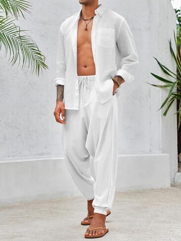 PASLTER Mens Harem Pants Baggy Casual Cotton Linen Boho Yoga Drop Crotch Hippie Trousers in Saudi Arabia