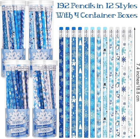 192 قطعة من أقلام الرصاص على شكل ندفة الثلج الشتوية مع ممحاة، هدايا عيد الميلاد، أقلام رصاص ممتعة للعطلات مع صندوق تخزين، أقلام رصاص HB، هدايا الحفلات المجمدة، لوازم مكافآت الحفلات والقرطاسية المدرسية in Kuwait