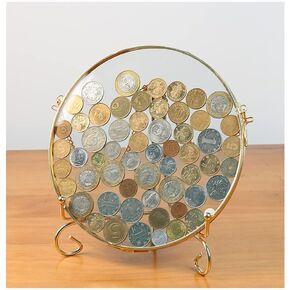 Ebrima Gold Glass Frame for Coin Display, Wall Hanging Coin Collecting Holders, Currency Dollar Bill Collection Supplies Holders for Collectors, Glass Piggy Bank (Round with bracket)
