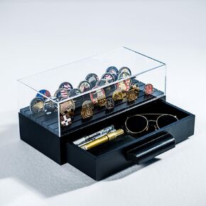 Wooden Challenge Coin Display Case with Clear Cover - Medium Military Coin Display Case Holds 40 Coins on Top & 50 in the Storage Drawer - Versatile Coin Stand Holder & Poker Chip Display Case – Black